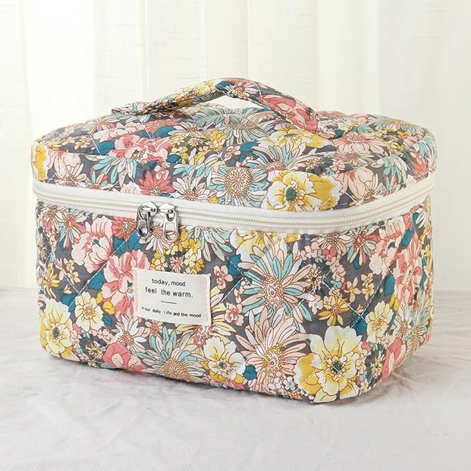 Makeup Bag, 3 PCS Quilted Makeup Bag, Cute Floral Cotton Cosmetic Bag set, Coquette Makeup Pouch Large Travel Toiletry Bag