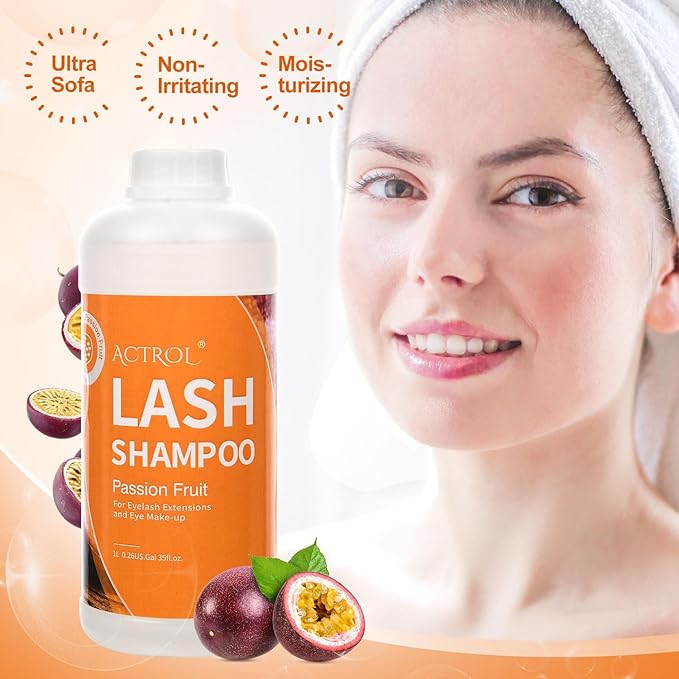 Eyelash Extension Cleanser Passion Fruit 1L Natural Lash Extension Shampoo Professional Eyelid Foaming Cleanser Paraben & Sulfate Free Non-lrritating with Salon and Home Care