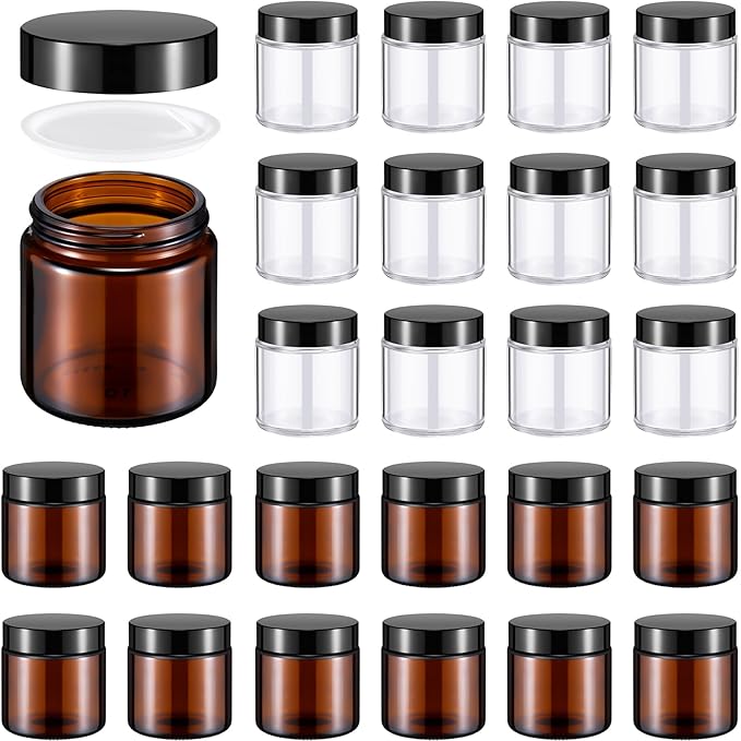 Norme 24 Pcs 4 oz Glass Jars with Lids Leakproof Round Airtight Empty Cosmetic Jars with Inner Liners Lid for Storing Lotions Powder Ointments Candle Making (Black,Amber and Clear)