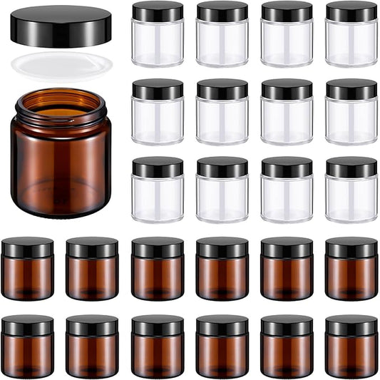 Norme 24 Pcs 4 oz Glass Jars with Lids Leakproof Round Airtight Empty Cosmetic Jars with Inner Liners Lid for Storing Lotions Powder Ointments Candle Making (Black,Amber and Clear)