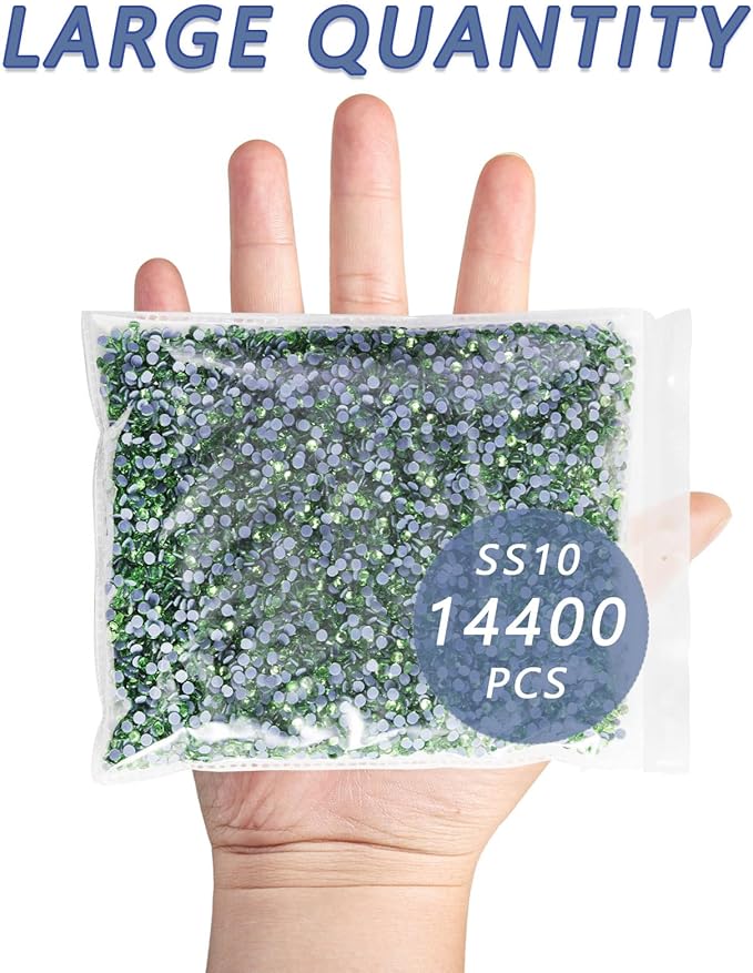 Beadsland Hotfix Rhinestones Bulk, 14400PCS Crystal Hot Fix Rhinestones for Crafts Clothes DIY Decoration, LightGreen, SS10, 2.7-2.9mm