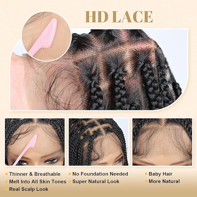 13x8 Braided Lace Front Wigs for Black Women, 36 inch Knotless Box Braids Wigs with Baby Hair, Black Synthetic Medium Braided Wig