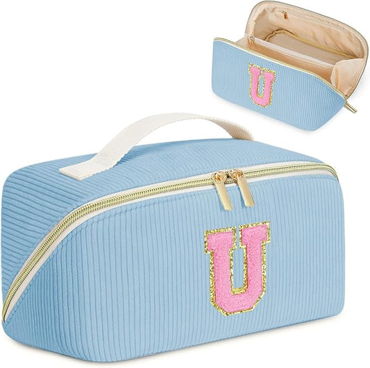 Gifts for Girls, Initial Travel Makeup Bag Women's Day Gift Make up Bag Cosmetic Bags Monther's Day Gifts, Personalized Stuff Bag Cute Makeup Bag Birthday Gifts for Women/Friend/Mother Blue - U