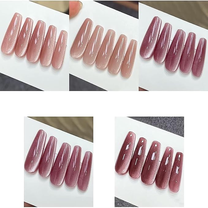 Adhere 5Pcs 12ML Cat Eye Soak Off UV LED Gel Nail Polish Set, Reflective Glitter Cat Eye, Sparkling Diamond Magnetic Transparent Pink Color with Magnet