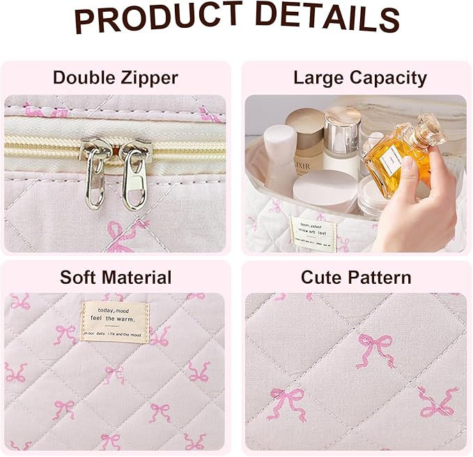 3Pcs Makeup Bag Cotton Quilted Travel Cosmetic Bag Cute Floral Makeup Pouch Large Toiletry Bag for Women Girls (Bow-Pink2)