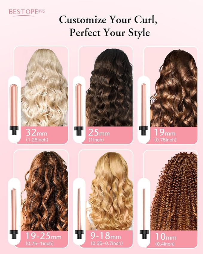 Long Barrel Curling Iron Wand Set, BESTOPE PRO 6 in 1 Curling Wand Set with Ceramic Barrel for Long/Medium Hair, 0.35"-1.25" Interchangeable Hair Wand Curler, Dual Voltage, Include Glove & Clips