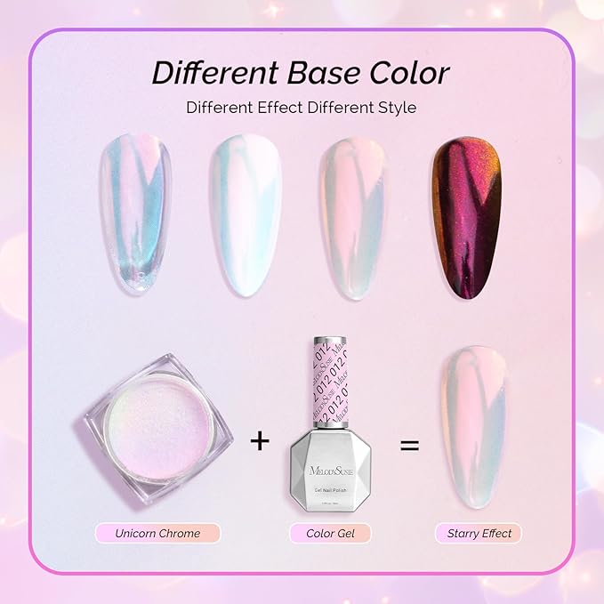 MelodySusie Unicorn Chrome Nail Powder,Ice Transparent Aurora,Mirror Effect,Color Changing Pearlescent,Multi-color Chrome Rainbow Pigment Super Shiny,Suitable for Home DIY Nail Salon