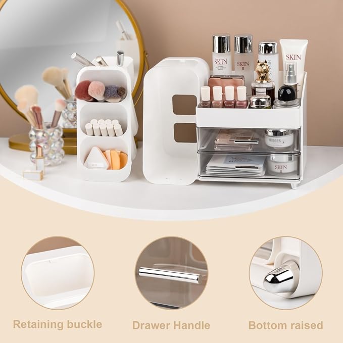 Anyoifax Makeup Organizer with Drawers Vanity Organizer Countertop with Brush Holder Large Perfume Organizer for Dresser Skin Care and Lotion Storage for Nail Polish, Lipsitck, Palettes, White