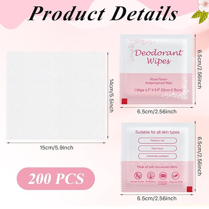 200 PCS Deodorant Wipes Individually Wrapped, Wet Wipes Bulk for Women Men, Travel Size Antiperspirant Wipe Hand Wipes, Remove Sweat Wipe for Travel, Daily Use, Rose Scented