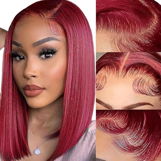 99j Burgundy Lace Front Wigs Bob Wig Human Hair 13x4 Lace Front Wigs Human Hair Pre Plucked 180% Density Short Straight Bob Wig Natural Hairline Wine Red Wig for Black Women 14inch