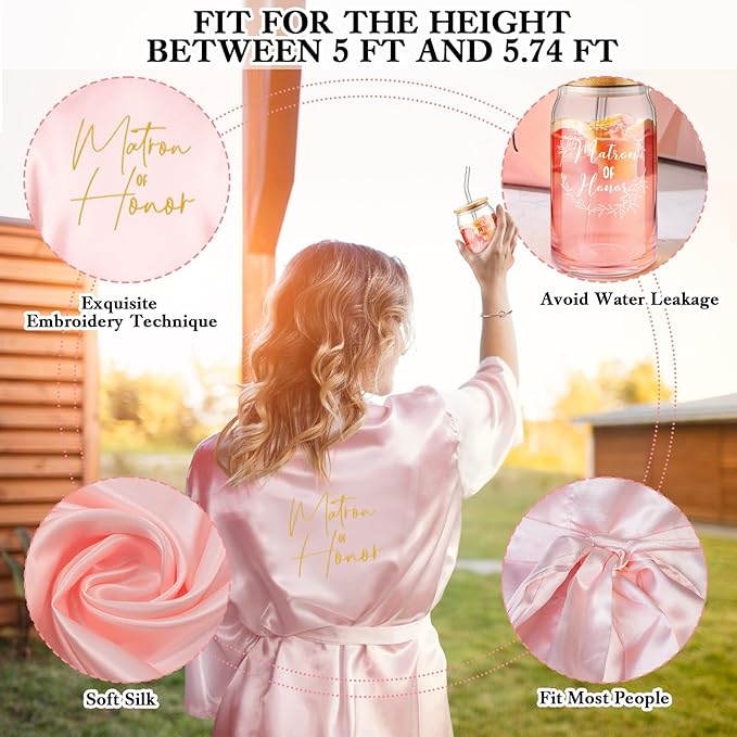 Irenare 8 Pcs Proposal Gifts Set Robes Makeup Bag Cup Cards Hair Tie Bracelet Diamond Pen Bridesmaid Gift Box(Pink,Matron of Honor)