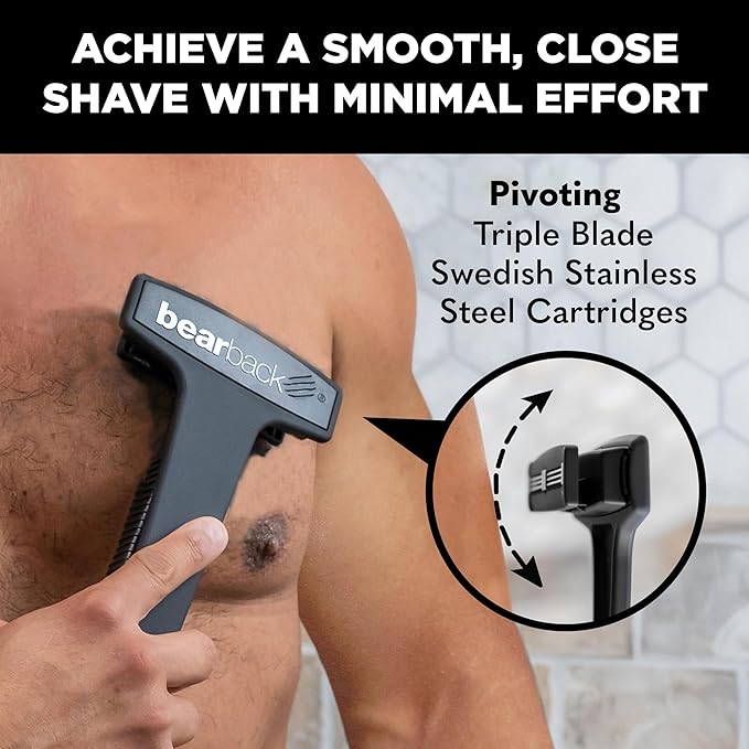Bearback Back Shaver for Men – DIY Razor with Pivoting Triple Blades & Folding Handle – Wet or Dry Back & Body Hair Removal