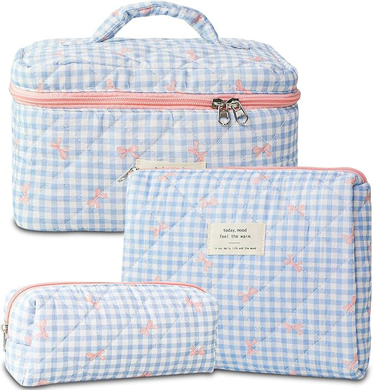 Makeup Bag, 3 PCS Quilted Makeup Bag, Cute Floral Cotton Cosmetic Bag set, Coquette Makeup Pouch Large Travel Toiletry Bag