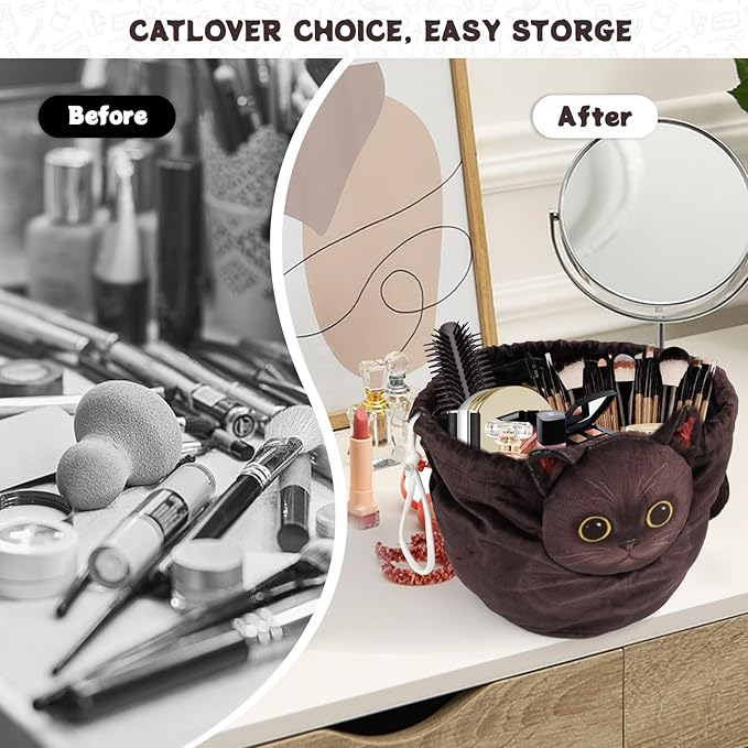 Drawstring Makeup Bag, Cat Makeup Bag, Travel Makeup Organizer, Cosmetic Pouch Bag, Cat Gift for Women, Lay Flat Makeup Bag Gifts for Cat Lovers