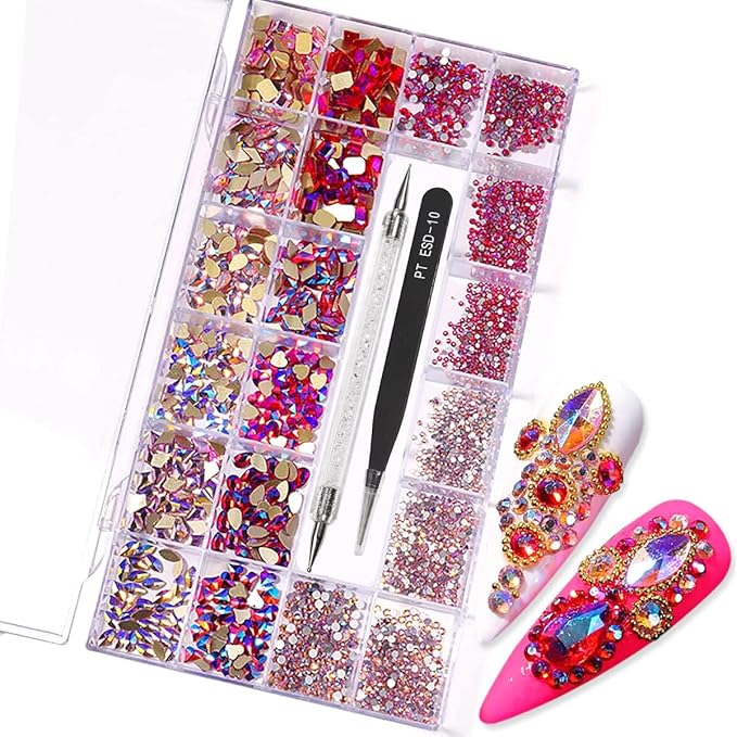12 Types of Pink AB 600 Diamonds + 2500 Flat Rhinestones Mix 20 Styles Flatback DIY Crafts Rhinestone Crystals 3D Decorations Flat Back Stones Set +Tweezers + Drill Pen