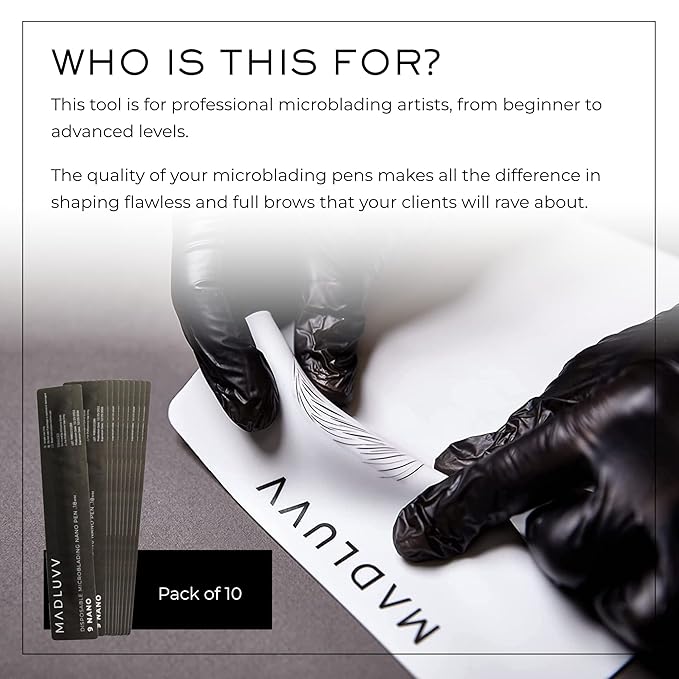 MADLUVV Nano 9 Professional Brow Artistry Pens for Flawless Eyebrows, Premium Pens for Pigment Ink, 18mm Sterile Disposable Micro Brow Sharp – 10 Pack