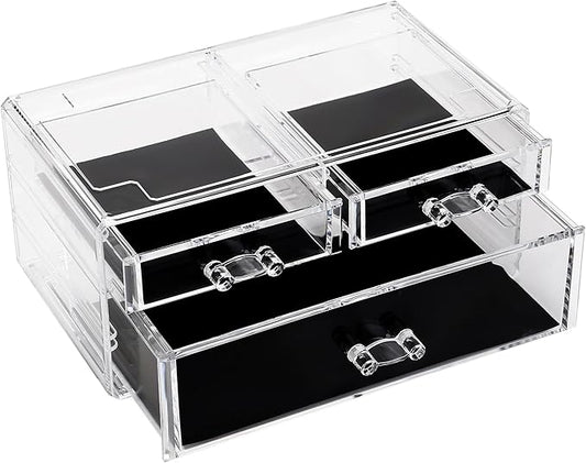 Sea Team Clear Makeup Organizer with Drawers, Acrylic Plastic Cosmetic Display Case, Jewelry Storage Box, Holder for Dresser, Bathroom, Vanity, Countertop (1 Large, 2 Small Drawers)