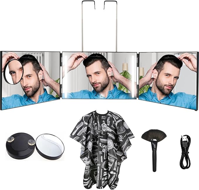 3 Way Mirror for Self Hair Cutting with Rechargeable LED Lights, Barber Mirror Self Cut to See Back of Head, Height Adjustable, Black