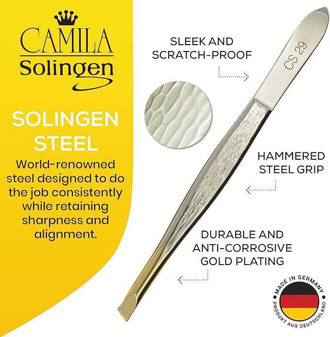 CS29 3 1/2" Gold Tipped, Surgical Grade, German Stainless Steel Tweezers (Slanted) - Flawless Eyebrow and Facial Hair Shaping and Removal for Men/Women