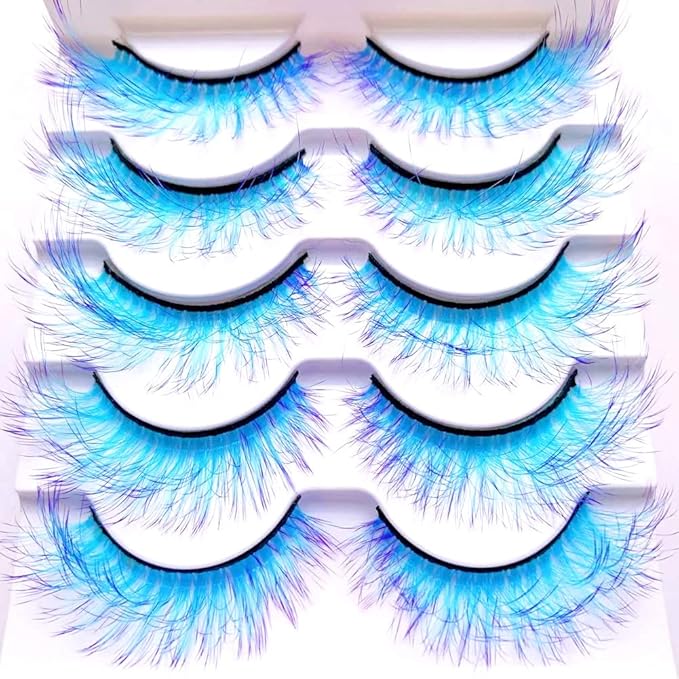Sunniess Ombre Colored Lashes Silk Protein Fluffy Wispy Volume Fake Lashes for Halloweens Cosplay Party Stage Russian D Curl Lashes with Color Make up Faux Mink False Eyelashes 5 Pairs