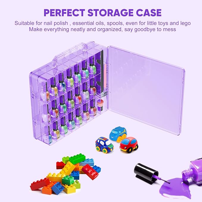 JIASHENG Nail Polish Organizer Case Holders, 48 Bottles Universal Nail Storage Box for Double Side Adjustable Space Divider for Acrylic Nail Gel Dip Powder Tips Set with Toe Separator, Purple
