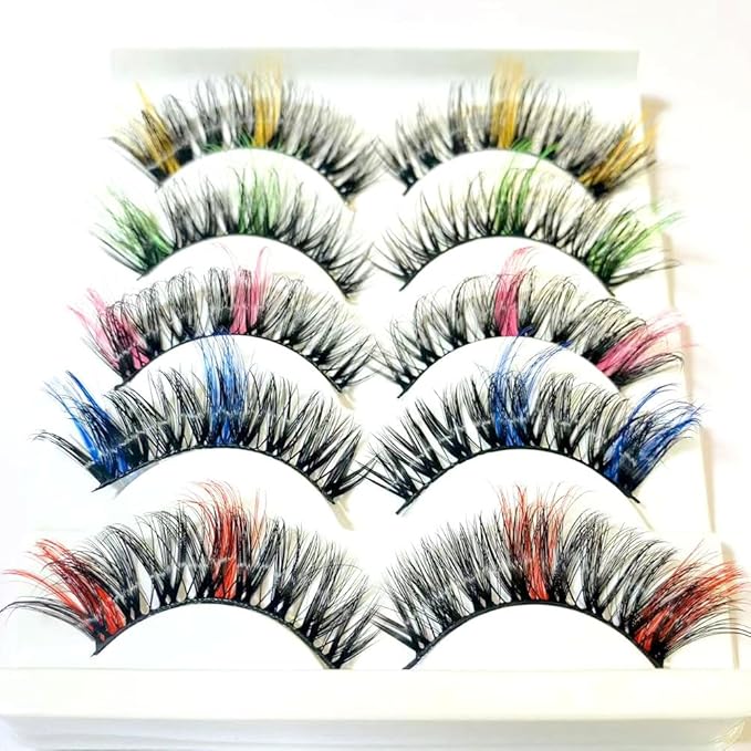 Sunniess Ombre Colored Lashes Silk Protein Fluffy Wispy Volume Fake Lashes for Halloweens Cosplay Party Stage Russian D Curl Lashes with Color Make up Faux Mink False Eyelashes