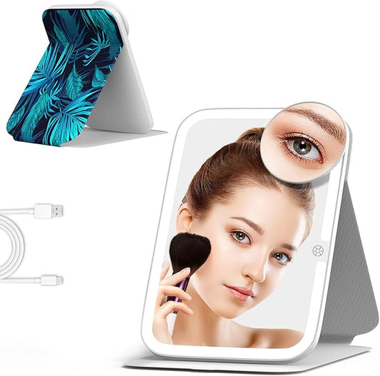 Mocado Travel Makeup Mirro with Lights, 360° Rotation Lighted Makeup Mirror, Portable Mirror with 10x Magnification, 3 Color Lightings, Dimmable Touch Screen, Tabletop Light up Mirror(Blue Leaves)