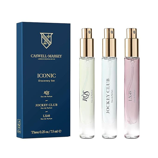 Caswell-Massey Iconic Eau de Parfum Discovery Set, Includes RÒS, Jockey Club & LX48, Indulge in Enduring Modern Scents, Long-Lasting Men’s Fragrances, Travel Size Set, Perfume for Men, 0.25 Fl Oz Each