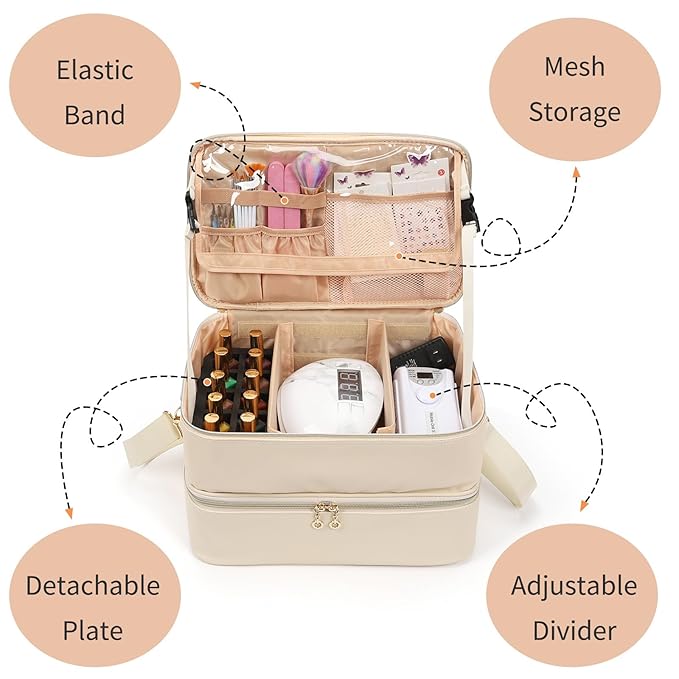 Ethereal Nail Polish Organizer Case, Leather Nail Polish Bag Holds 50+ Bottles (5ml/0.5fl.oz) and Nail Lamp, Nail Storage Organizer with Compartment, Leather White