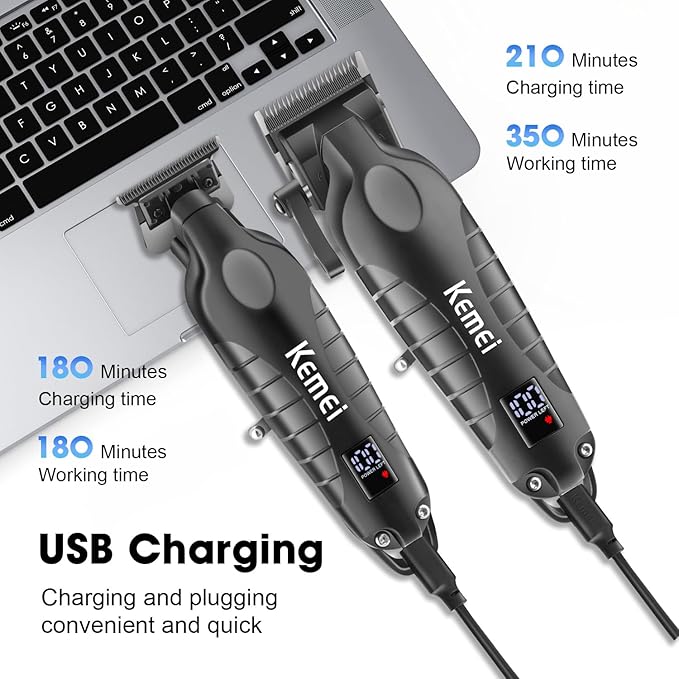 Kemei Hair Clipper and Trimmer Set Professional Cordless Hair Clipper for Men Electric Beard Trimmers Barber Hair Cuttings Kit, T Blade Trimmers for Men with LCD Display, KM-2290，KM-2293