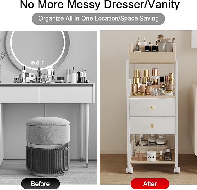 Floor Makeup Organizer Cart - Rolling Makeup Cart with Drawers, Skincare Make Up Organizers and Storage, Cosmetics Display Cases Holder for Skin Care Nail Polish Perfume Makeup Brush (White)