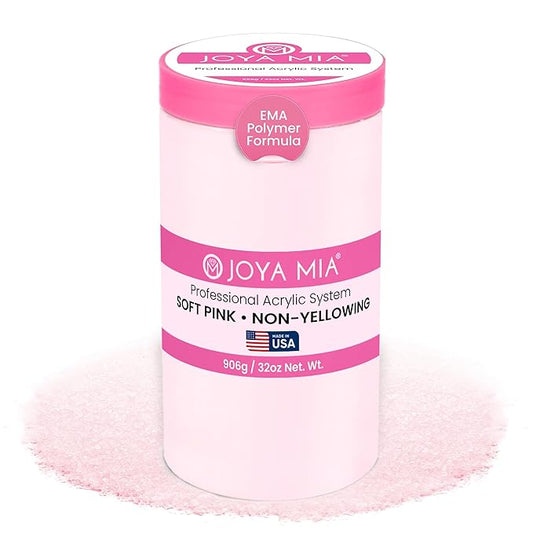 Joya Mia Acrylic Powder for Nails, MMA-Free, Super Adhesion Professional Powder for Flawless & Long-Lasting Nail Enhancements, Easy Application, Vibrant & Stunning Colors - Soft Pink, 32 oz