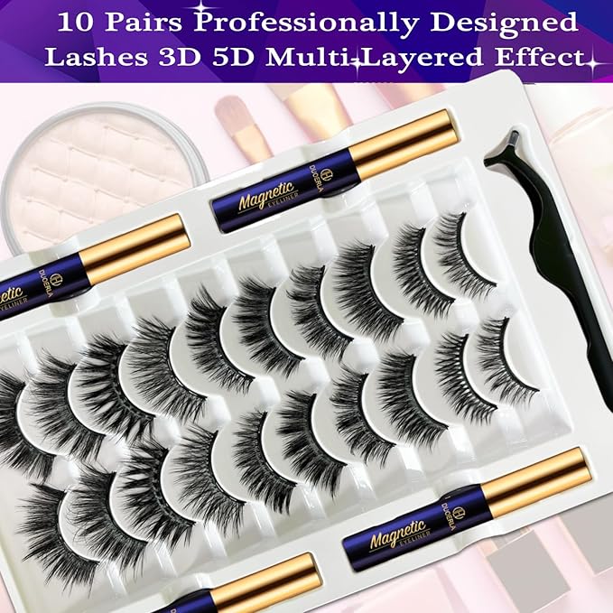 Magnetic Eyelashes with Eyeliner Kit - DUOERLA Magnetic Lashes with Eyeliner - Reusable 3D 5D Natural Look False Eyelashes Magnetic Eye Lashes for Women Easy to Use,10 Pairs.