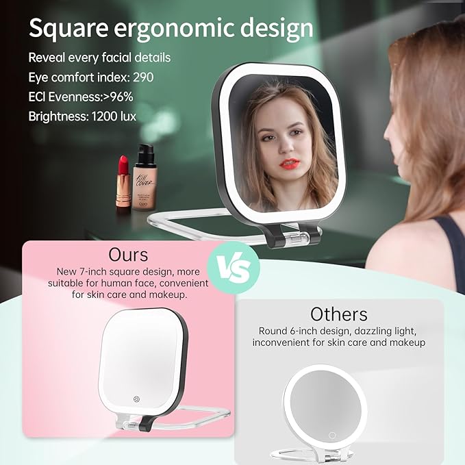 FASCINATE 10X Magnification Rechargeable Travel Makeup Mirror, Lighted Portable Vanity Mirror with 3 Colors Lighting & Stepless Dimming, Double Sided LED Mirror, Gift for Women (Black)