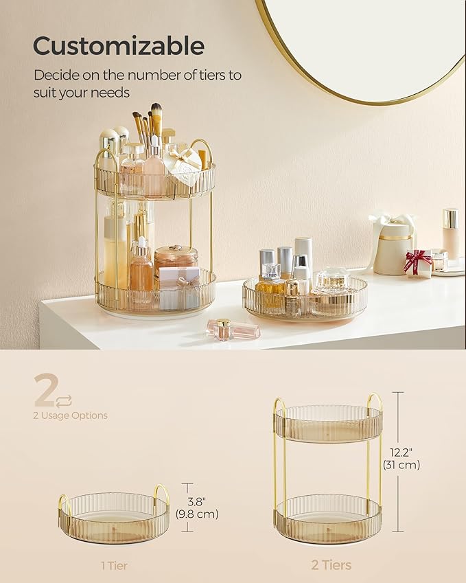 SONGMICS Makeup Organizer, 2-Tier Round Rotating Skincare Organizer Countertop, Customizable, Toiletries Vanity Organizer, Lazy Susan, Gift for Mom, Champagne Gold UJKA012A01