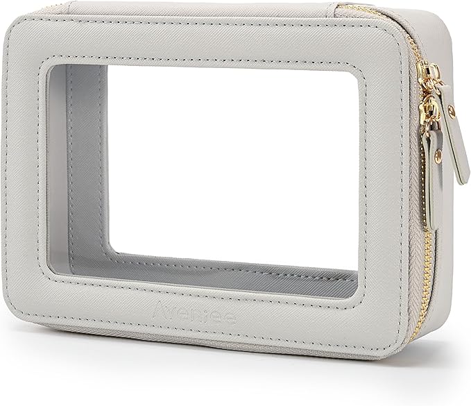 Aveniee Clear Makeup Bag for Women, Clear Cosmetic Case Travel Toiletry Bag, Heavy Duty Makeup Organizer Car Bag for Accessories with Clear Windows & Gold Zippers(Grey,Middle)