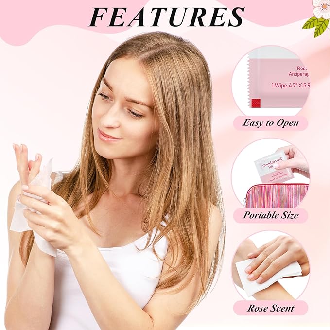 200 PCS Deodorant Wipes Individually Wrapped, Wet Wipes Bulk for Women Men, Travel Size Antiperspirant Wipe Hand Wipes, Remove Sweat Wipe for Travel, Daily Use, Rose Scented