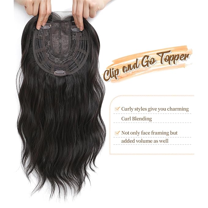 PANEWAY Hair Topper 16Inch Hair Toppers For Women Wavy Curly Dark Brown Clip In Synthetic Wiglets Pieces For Women