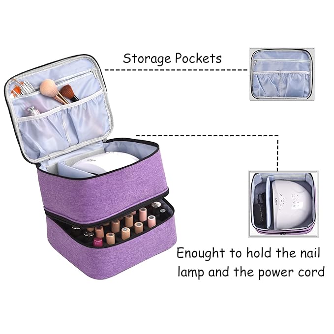 Nail Polish Carrying Case Bag-Holds 30 Bottles, Double-Layer Nail Polish Storage and Nail Dryer Case(Purple)