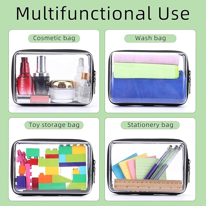 3PCS Clear Zipper Cases, Portable Clear Organizer Pouches for Travel, Double Zippered Hard Shell Plastic Case, Cosmetic Bag for Make Up Tools, Toiletries, Toy Storage (Black, 2 Pack)