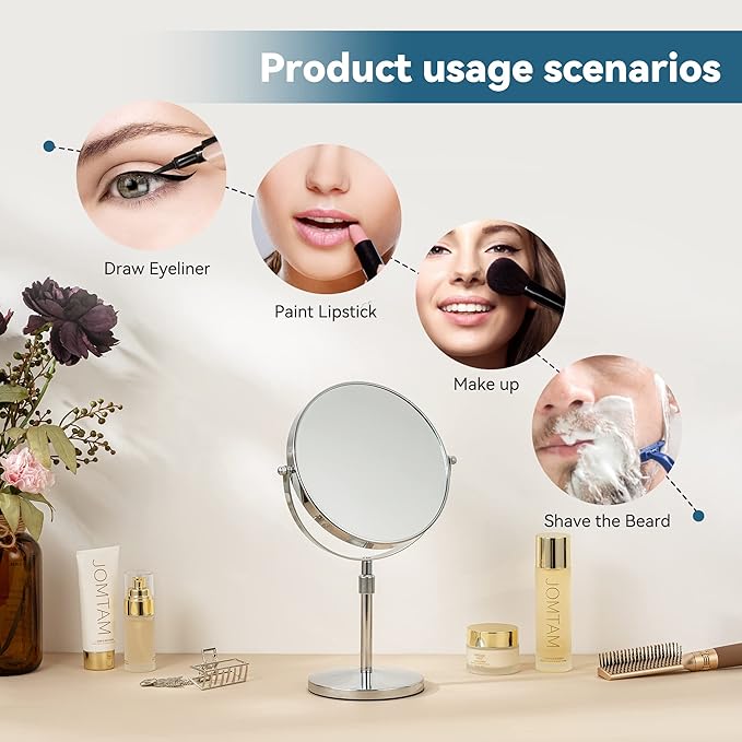 17" Tall Tabletop Magnifying Makeup Mirror Height Adjustable Vanity Mirror 1X/10X Magnification, 8" Large Double-Sided 360° Swivel Classic Round Desktop Make Up Mirror for Bathroom & Bedroom, No Light
