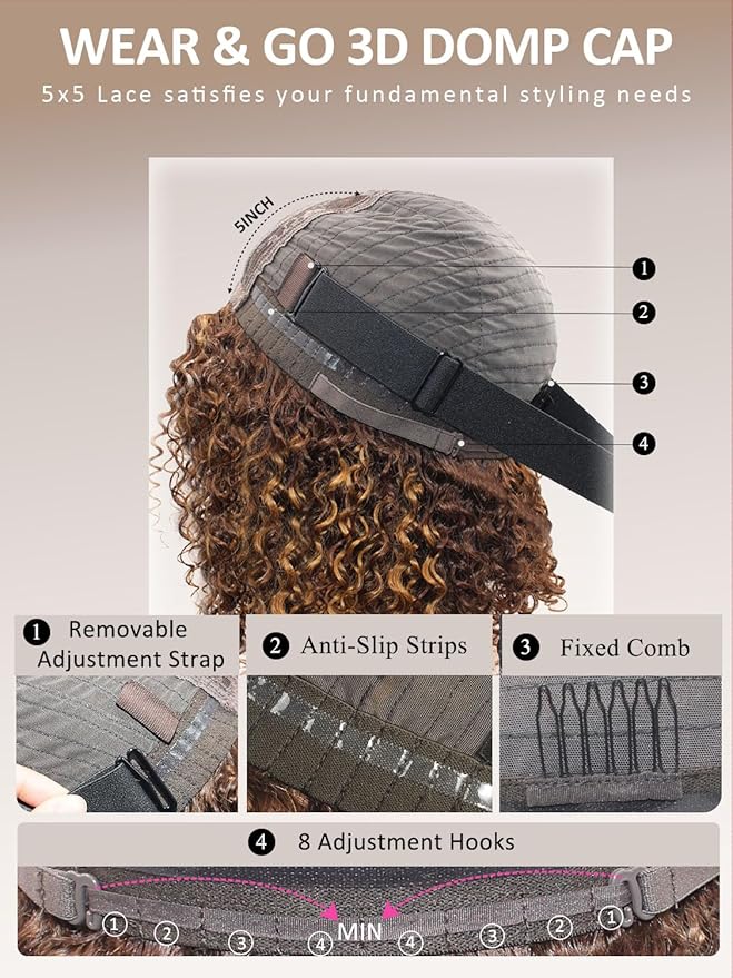 5×5 Kinkycurly Highlight Ombre and Brown Bob Wig Human Hair Glueless Wigs Human Hair Pre Plucked Pre Cut Short Curly Free Part Honey Blonde Hd Lace Closure Wigs Human hair for Black Women 12 Inch