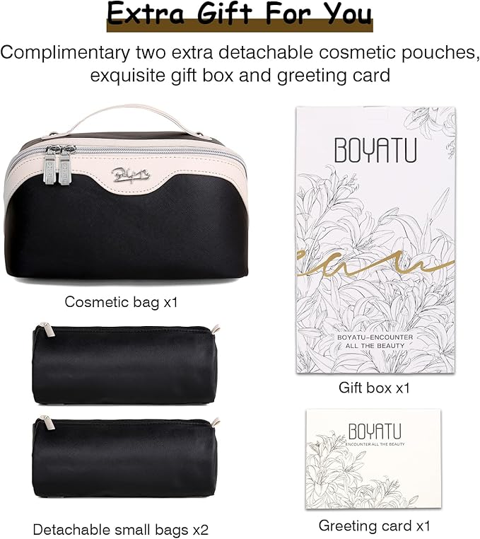BOYATU Travel Makeup Bag Set: Portable Make up Bag for Traveling - Leather Cosmetic Bags for Women - Waterproof Toiletry Organizer Bags with Handle (D-03-Black)