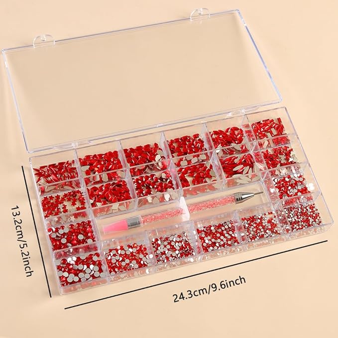 Red Nail Art Rhinestones 12 Kinds of 600 PCS + 6600 Pieces Flat Back Rhinestones Mixed Different Size Flat Back Rhinestones Crystals 3D Decoration Flat Back Stones Gemstone Set for Nail Art DIY