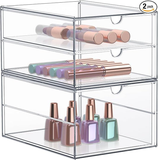 Sorbus Makeup Organizer With 3 Drawers, Acrylic Drawer Organizer for Makeup, Office Organization and Storage, Art Supplies, Jewelry, Stationary - 2 Pcs Clear Stackable Storage Bins Organizer Drawers