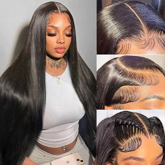 13x6 Straight Lace Front Wigs Human Hair 32 Inch HD Transparent Lace Frontal Wigs Straight Human Hair Wig for Women 200% Density Glueless Wigs Human Hair Pre Plucked with Baby Hair Natural Black