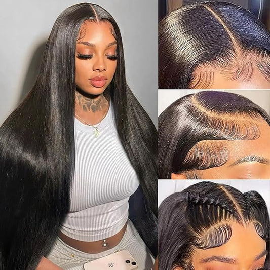 13x6 Straight Lace Front Wigs Human Hair 32 Inch HD Transparent Lace Frontal Wigs Straight Human Hair Wig for Women 200% Density Glueless Wigs Human Hair Pre Plucked with Baby Hair Natural Black