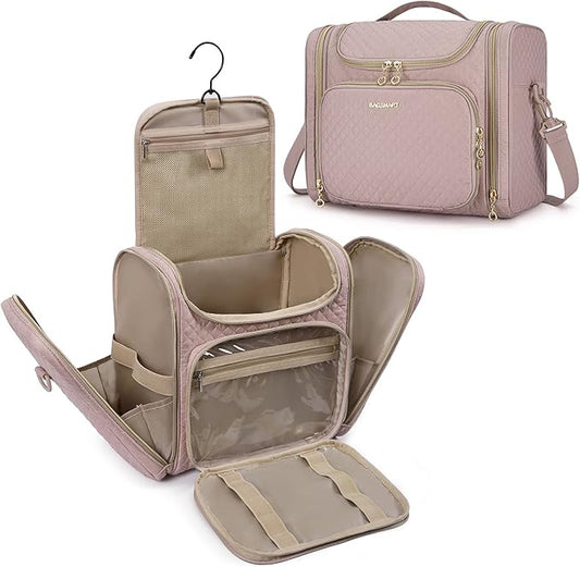 BAGSMART Travel Toiletry Bag for Women, Hanging Toiletry Bag Large Capacity Cosmetic Makeup Bag, Essentials Travel Organizer for Full Sized Toiletries and Cosmetics, Pink