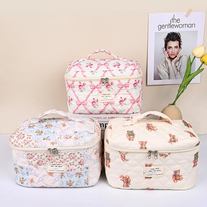 Quilted Makeup Bag,Large Cosmetics Bag Set,Coquette Floral Make up Pouch,Travel Toiletry Bag for Women