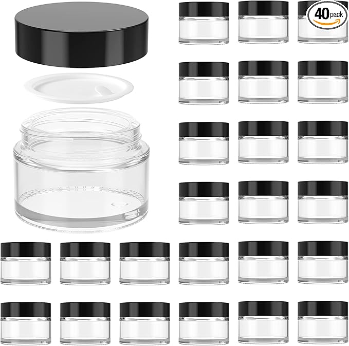 1oz Glass Jar with Lid, Hoa Kinh 40 Pack Clear Round Containers Cosmetic Glass Jars with Inner Liners and Black Lids Travel Jars for Storing Lip and Body Scrub, Lotion, Body Butter, Bath Salts, Liquid